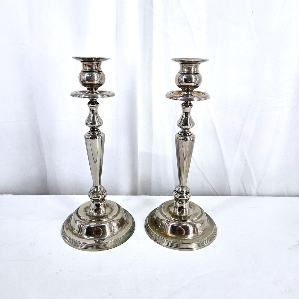 Silver Tone Metal Candlestick Holders Pair Set of 2 Traditional 11.5 inch Tall